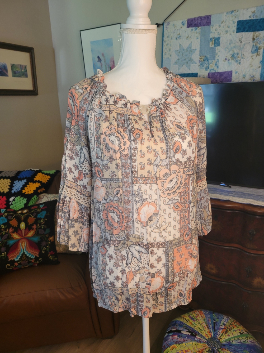 Spense Peach and Gray Floral Patchwork Peasant Blouse